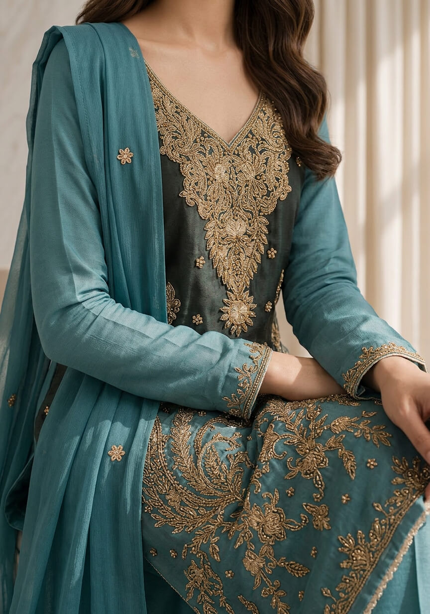 Embellished Dual-Tone Sheesha Silk 2-Piece – MT.813 - Image 4