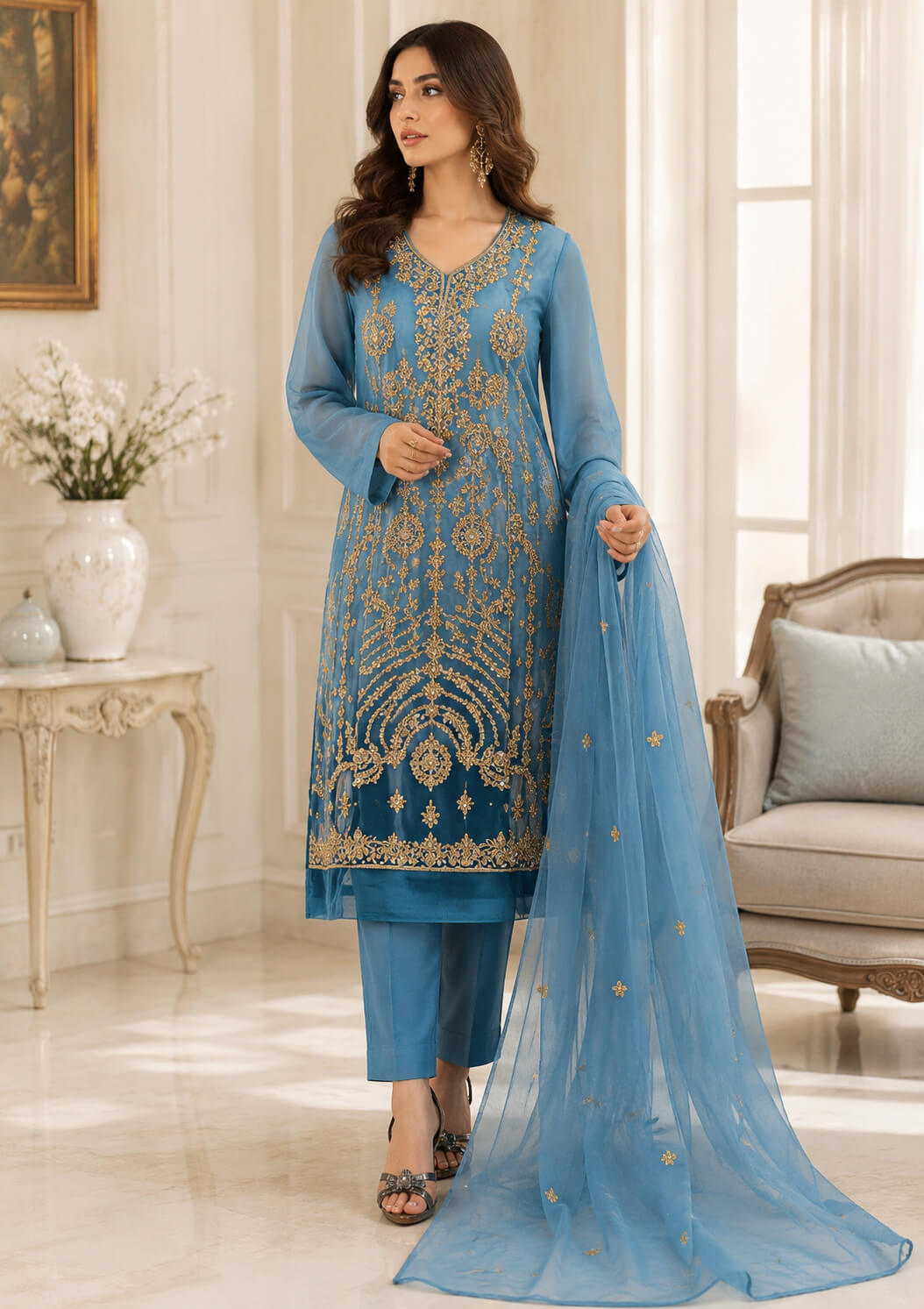 Classic Hand-Embellished Sheesha Silk Set – MT.821 - Image 4